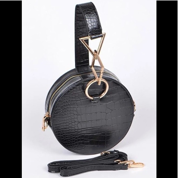 Black round croc embossed leather clutch - Picture 1 of 5